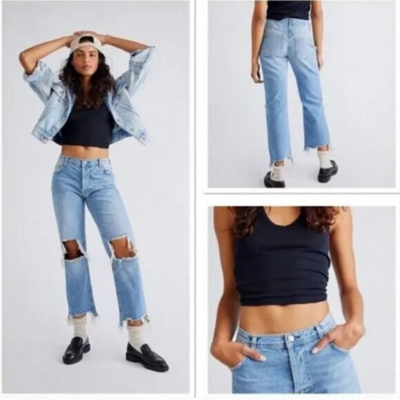 We The Free Maggie‎ Jeans Free People 26 Vintage Indigo Raw Hem Destroyed Button - Picture 1 of 16